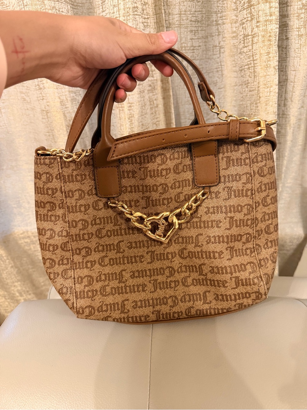 Juicy Couture Brown Monogram Satchel with Gold Chain Accent